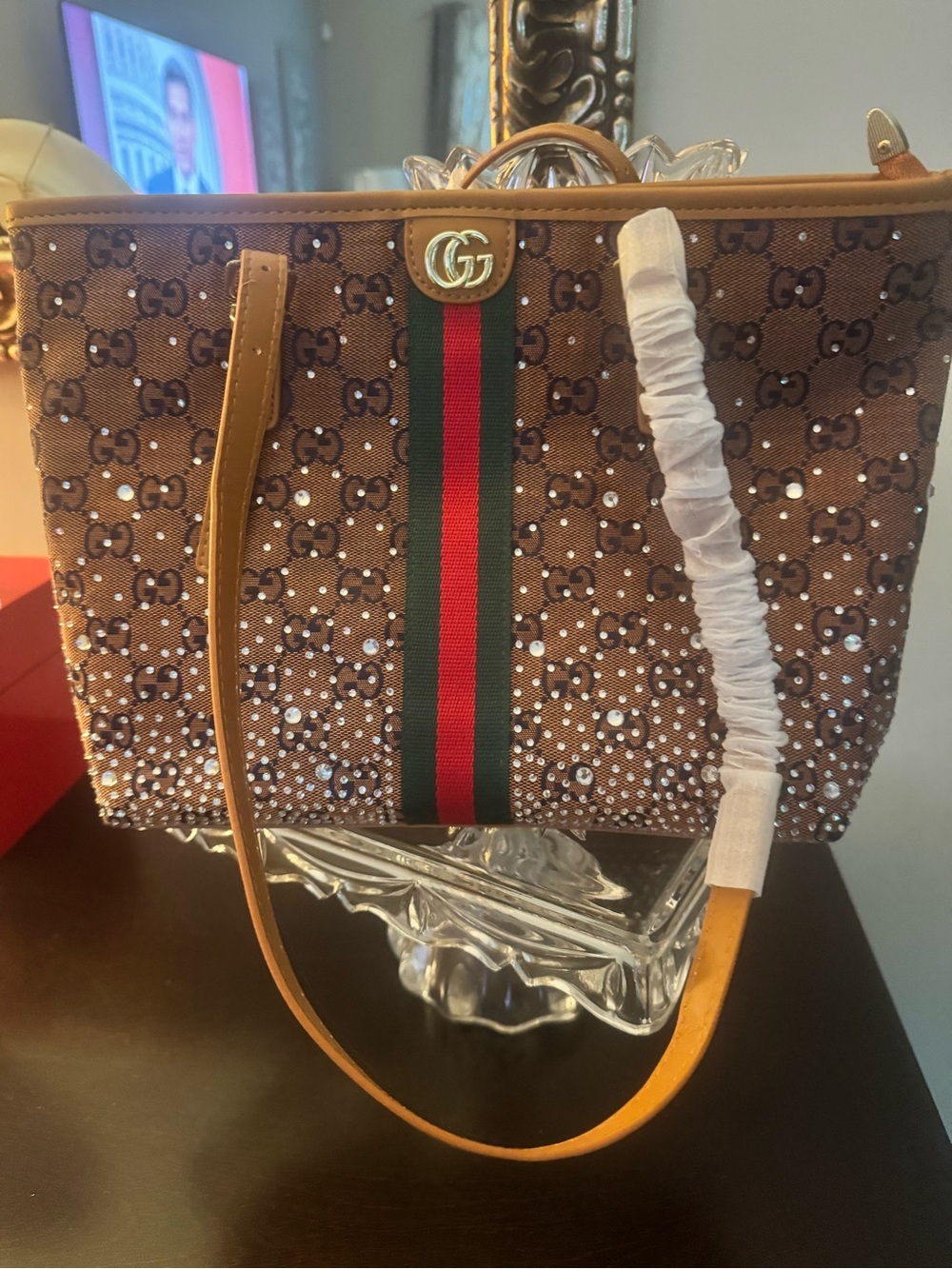 Crystal-Accented Shoulder Bag with Web Stripe